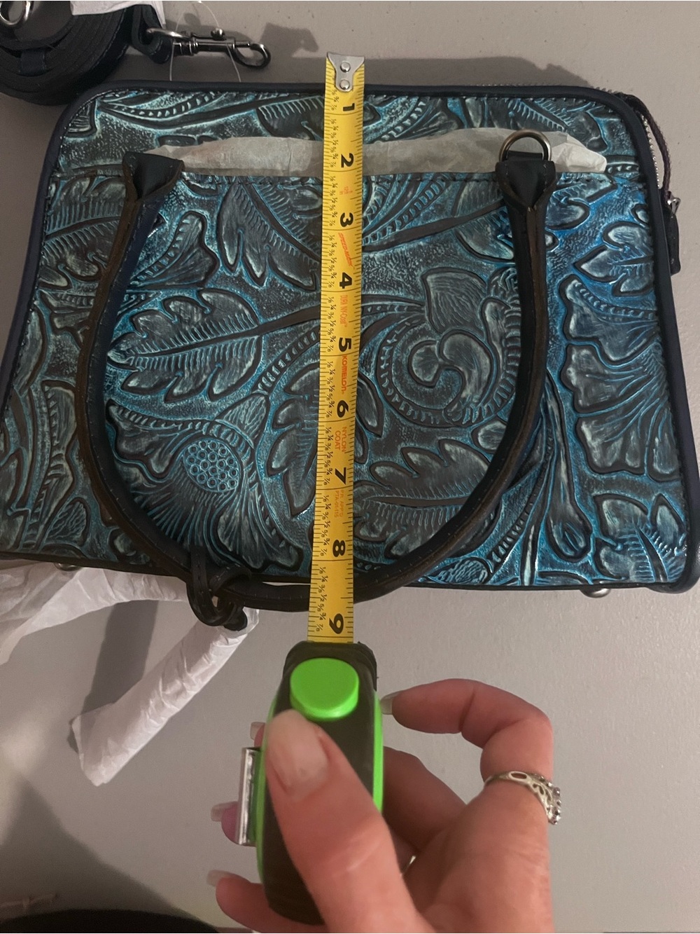 Blue Embossed Floral Leather Tote - Picture 8 of 11